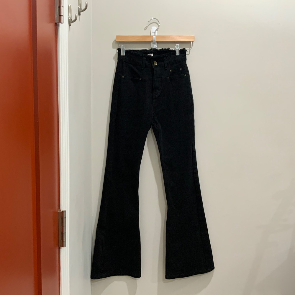 Unbranded Black High Waisted Flare Jeans Frayed Waist Bell Bottom Korea Size L